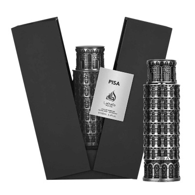 Frasco de perfume Torre de Pisa prateado com caixa preta e etiqueta PISA Lattafa Fragrances