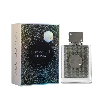 Frasco de perfume Club de Nuit Bling da Armaf com caixa e frasco prateados e pretos