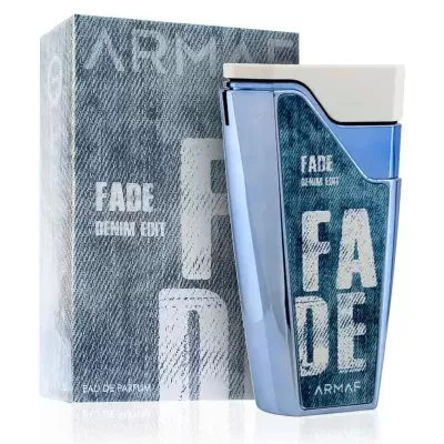 Frasco de perfume azul e caixa com padrão denim e texto FADE DENIM TOY ARMAF