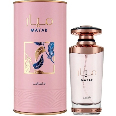 Frasco de perfume Mayar Lattafa com embalagem cilíndrica rosa