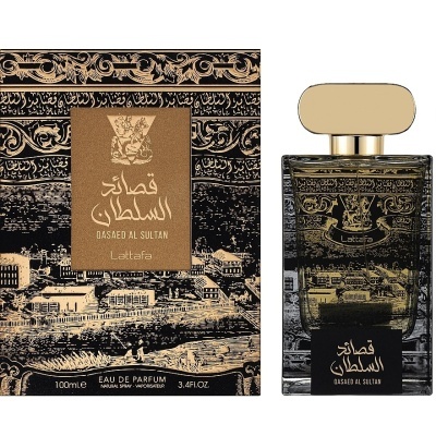 Frasco e embalagem de perfume Lattafa Qasaed Al Sultan preto e dourado, 100ml