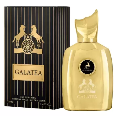 Frasco dourado de perfume Galatea com embalagem preta e dourada ao lado