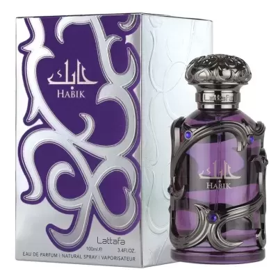 Frasco de perfume roxo Habik com caixa prateada e roxa decorativa