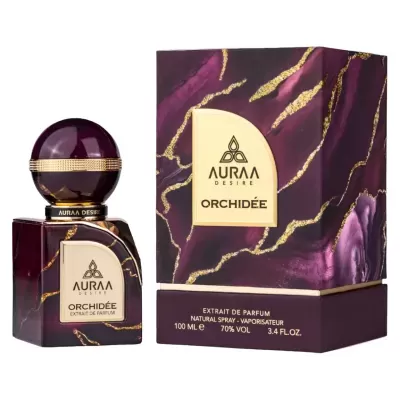Frasco e caixa de perfume Auraa Desire Orchidée roxo escuro e dourado
