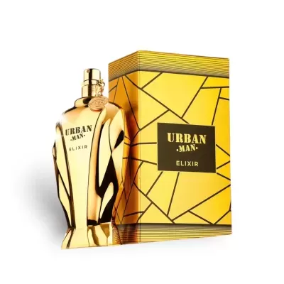 Frasco dourado de perfume Urban Man Elixir com caixa amarela geométrica