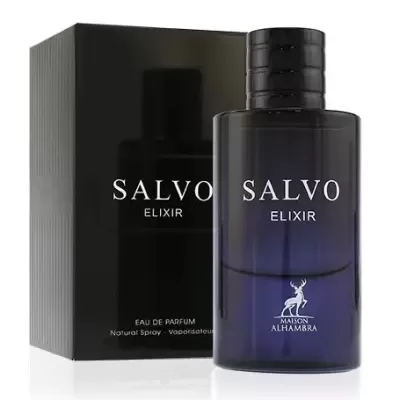 Frasco de perfume Salvo Elixir em vidro azul escuro com tampa preta e caixa preta ao fundo