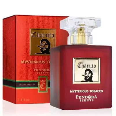 Frasco de perfume vermelho fosco com tampa transparente e caixa vermelha com texto Charuto Mysterious Tobacco