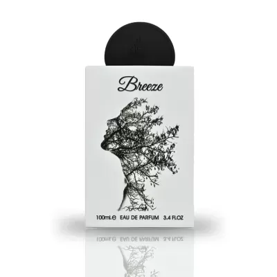 Frasco branco de perfume Breeze com tampa preta e design artístico preto