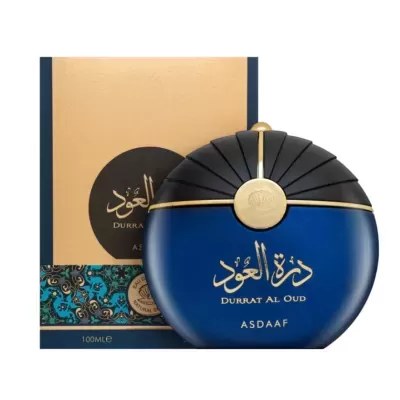 Perfume Durrat Al Oud Asdaaf em frasco azul escuro com tampa preta e dourada, embalagem dourada e azul