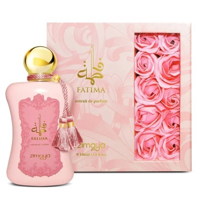 Frasco rosa com perfume Fatima e caixa rosa com rosas artificiais