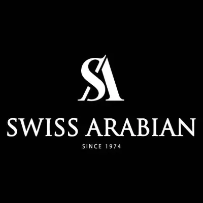 Logótipo Swiss Arabian branco em fundo preto com texto e símbolo