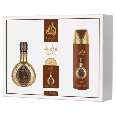 Conjunto de oferta Lattafa PRIDE MASA com frasco de perfume dourado e spray perfumado castanho