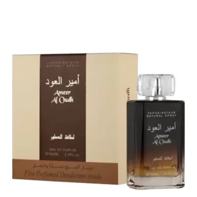 Perfume Ameer Al Oudh com embalagem e frasco preto e castanho