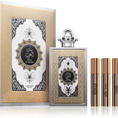 Conjunto de perfume King of Arabia com frasco e cinco frascos pequenos dourados