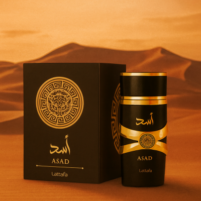 Perfume ASAD azul e dourado Lattafa com caixa preta dourada em fundo deserto