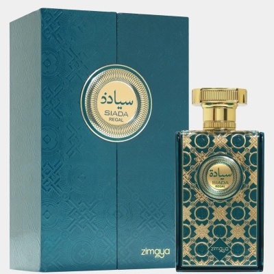 Frasco de perfume azul escuro com padrões dourados e caixa azul escuro com textura e padrão