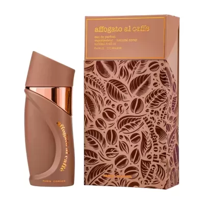 Frasco de perfume marrom e embalagem decorada com folhas e grãos de café.