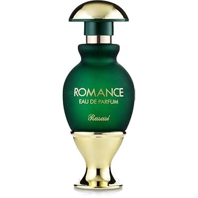 Frasco de perfume verde e dourado com texto ROMANCE EAU DE PARFUM Rasasi