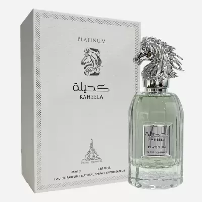 Frasco de perfume KAHEELA Platinum com caixa branca ao lado.
