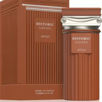 Perfume Historic Sahara Afnan em embalagem e frasco castanhos com relevo vertical e texto visível