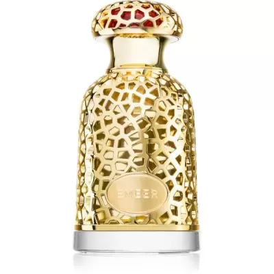 Frasco de perfume dourado com padrão geométrico e rótulo EMER