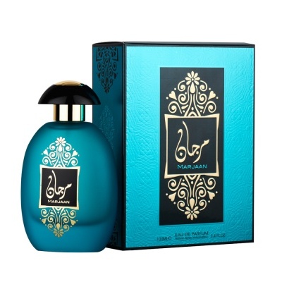 Frasco e caixa de perfume azul turquesa com detalhes dourados e preto