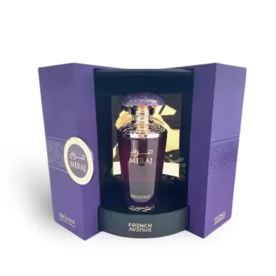 Frasco de perfume MIRAJ EXCLUSIVE em vidro roxo com tampa dourada em caixa roxa