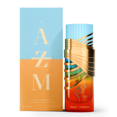 Frasco e caixa de perfume azul, laranja e dourado AZM Paris Corner