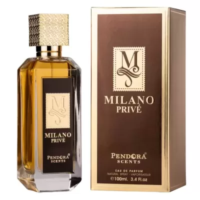 Frasco de perfume Milano Privé e caixa marrom com dourado.