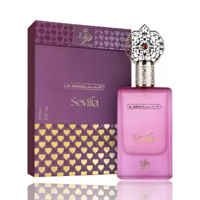Frasco de perfume rosa com tampa prateada e caixa roxa decorada