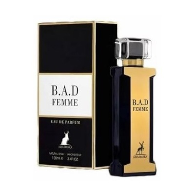 Frasco e caixa de perfume B.A.D FEMME dourado e preto