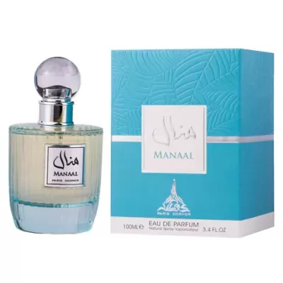 Perfume Manaal com frasco de vidro e embalagem azul turquesa