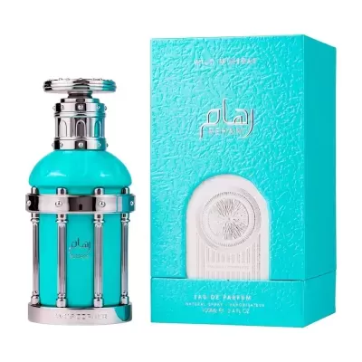 Frasco azul turquesa de perfume Reham com caixa azul texturizada