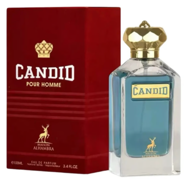 Perfume Candid Pour Homme da Maison Alhambra com frasco azul e embalagem vermelha
