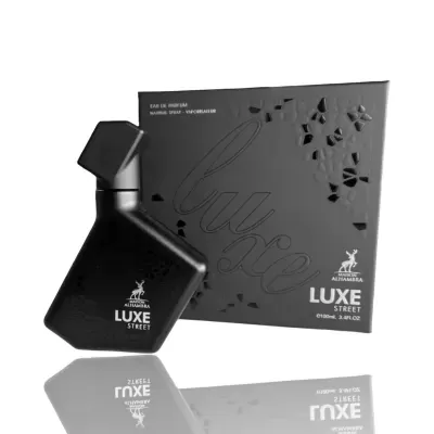 Frasco preto fosco de perfume LUXE STREET com caixa preta com relevo
