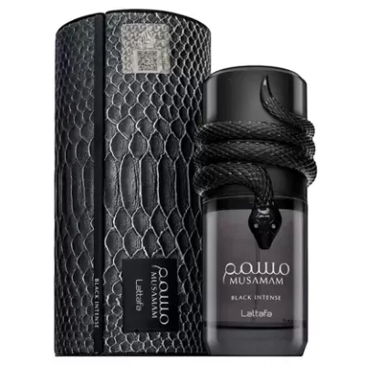 Frasco de perfume preto com serpente e caixa preta com textura de escamas