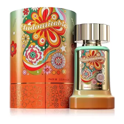Frasco e embalagem de perfume Indomitable com design floral colorido