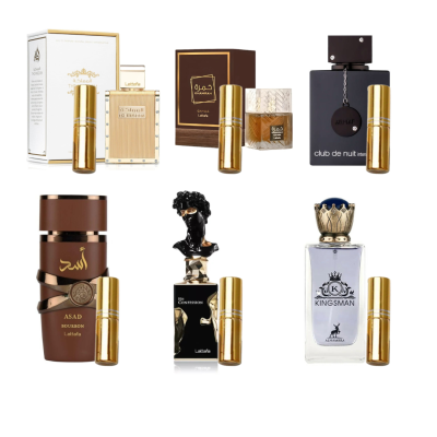 Seis conjuntos de perfumes masculinos com frascos e mini sprays dourados