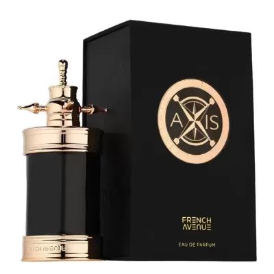 Perfume AXIS French Avenue com frasco preto e dourado e caixa preta com logotipo dourado