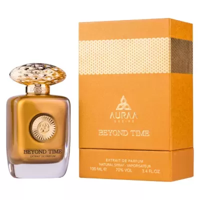 Frasco dourado de perfume Beyond Time com caixa castanha