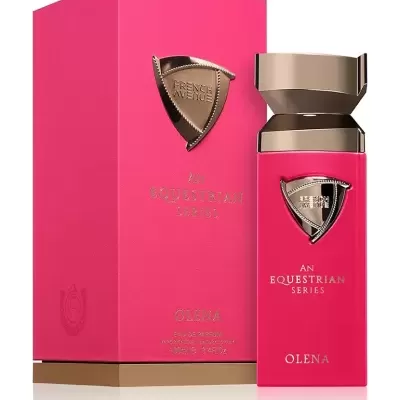 Frasco e embalagem de perfume French Avenue An Equestrian Series Olena rosa com detalhes dourados.