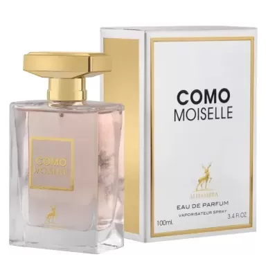 Frasco de perfume Como Moiselle com embalagem branca e dourada