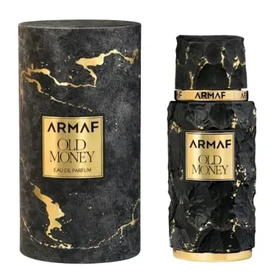 Frasco de perfume ARMAF OLD MONEY preto e dourado com embalagem cilíndrica preta e dourada