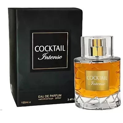 Frasco de perfume COCKTAIL Intense com embalagem preta e rótulo dourado.