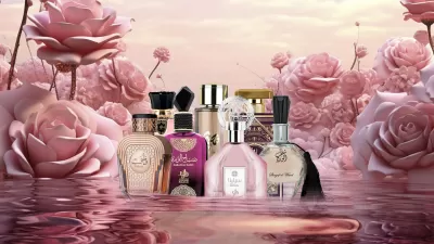 Frascos de perfumes variados rodeados por grandes rosas cor-de-rosa