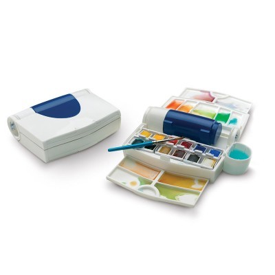 Estuche de pintura com aquarelas, pincel e recipiente para água