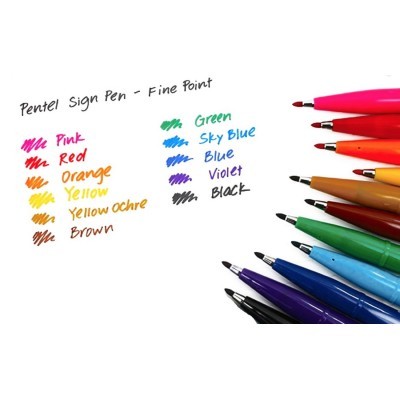 Conjunto de canetas coloridas Pentel Sign Pen com escrita das cores em papel branco