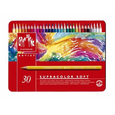 Estojo vermelho com 30 lápis de cor Supracolor Soft da Caran d'Ache e ilustração abstrata colorida