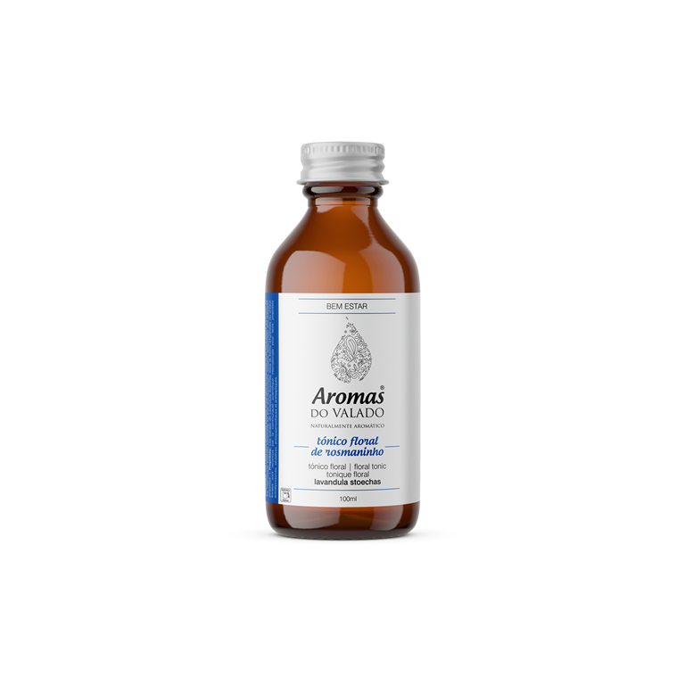 TÓNICO FLORAL DE ROSMANINHO 100ML Frasco de vidro âmbar com tampa branca e etiqueta branca com texto