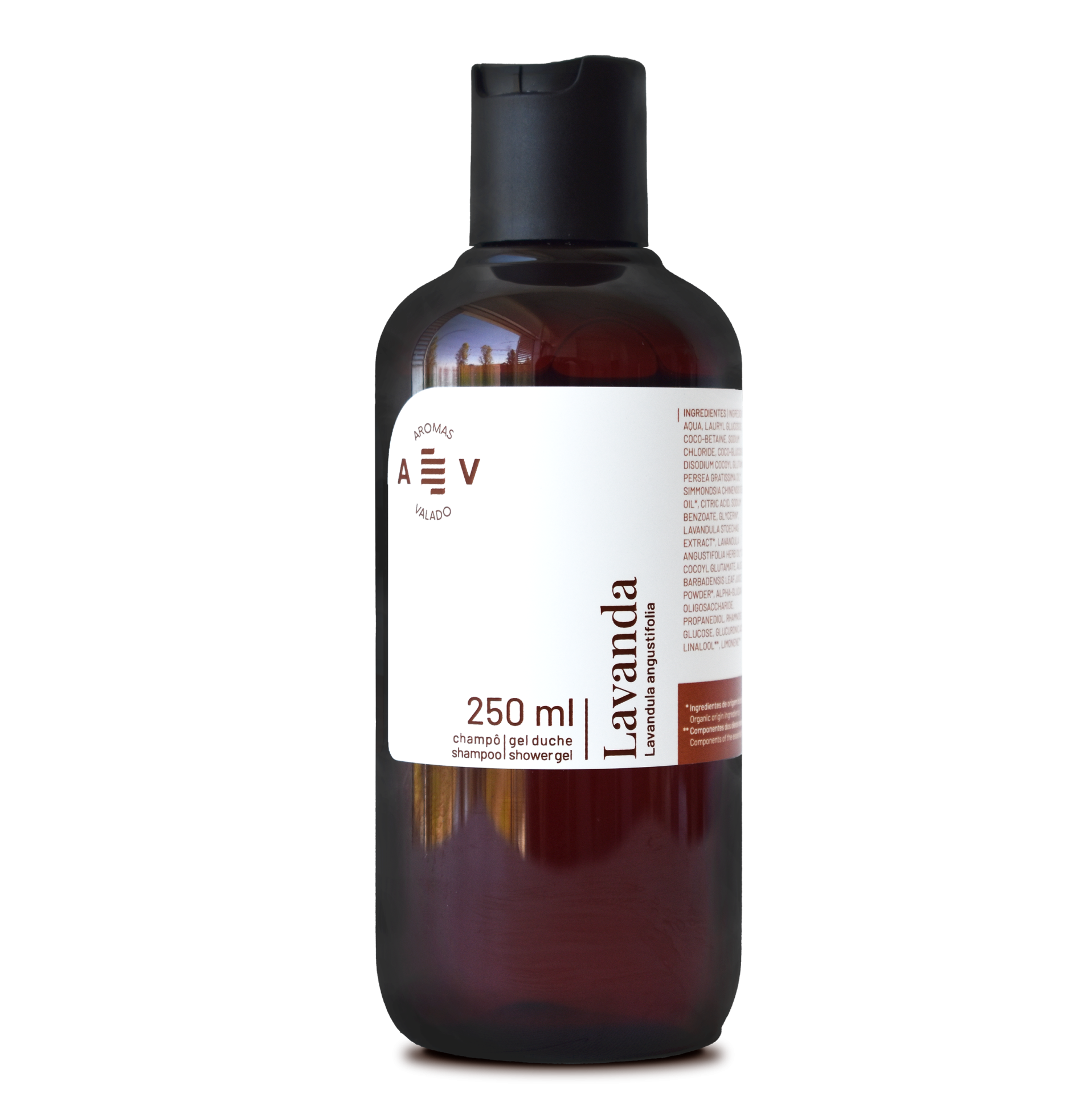 CHAMPÔ - GEL DE DUCHE DE LAVANDA 250 ML Frasco de champô e gel de banho lavanda castanho com rótulo branco